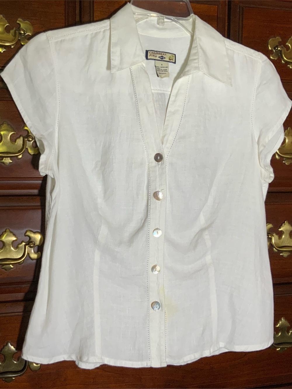 Caribbean Joe Cream 100% Linen Short Sleeve Button-Front blouse